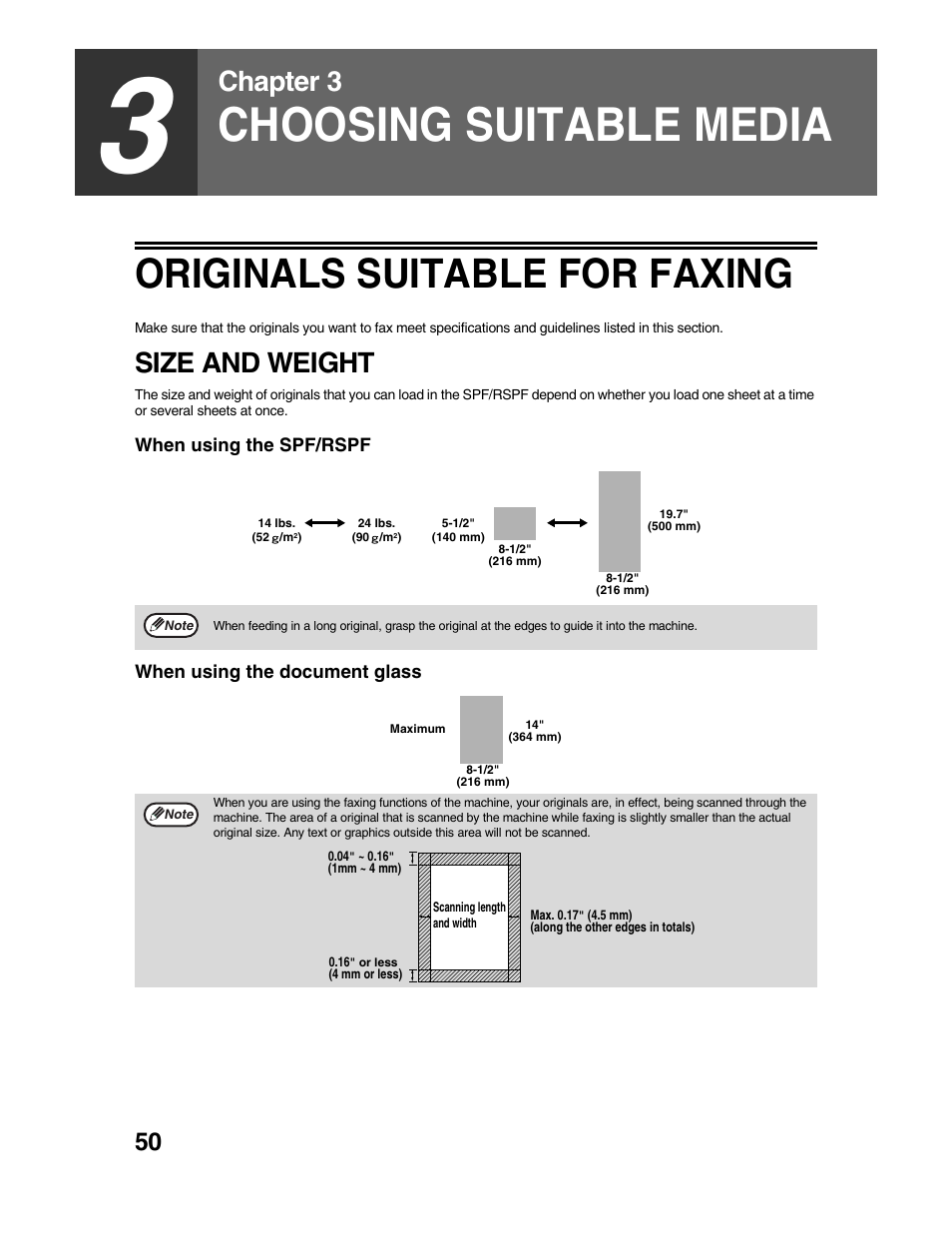 Choosing suitable media, Originals suitable for faxing, Chapter 3 | Size and weight | Sharp AR-FX9 User Manual | Page 54 / 104