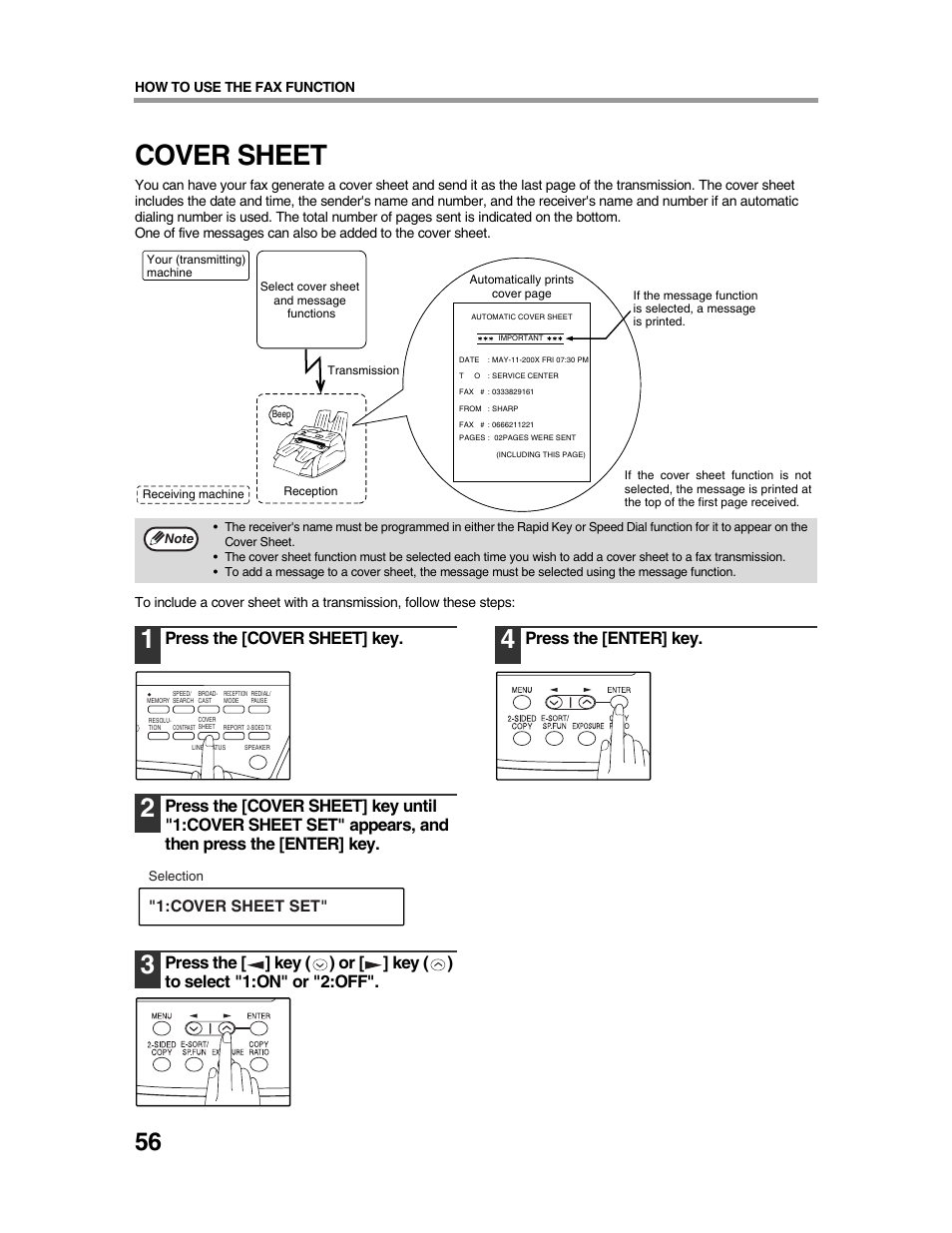 Cover sheet, Press the [cover sheet] key, Press the [enter] key | Cover sheet set | Sharp AR-FX9 User Manual | Page 60 / 104