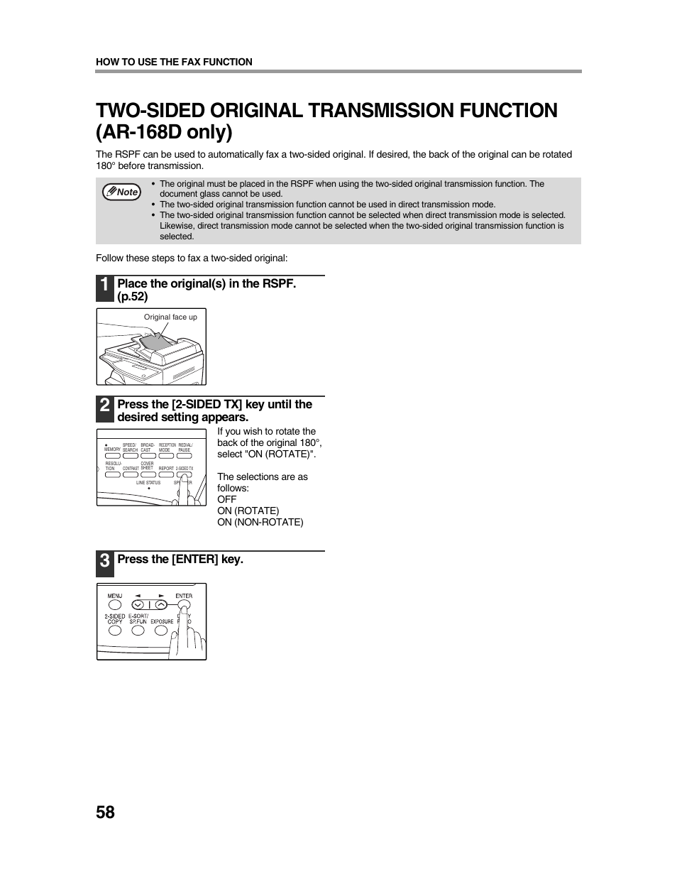 Place the original(s) in the rspf. (p.52), Press the [enter] key | Sharp AR-FX9 User Manual | Page 62 / 104