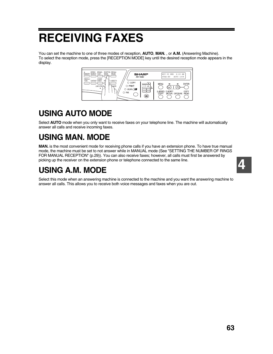 Receiving faxes, Using auto mode, Using man. mode | Using a.m. mode | Sharp AR-FX9 User Manual | Page 67 / 104