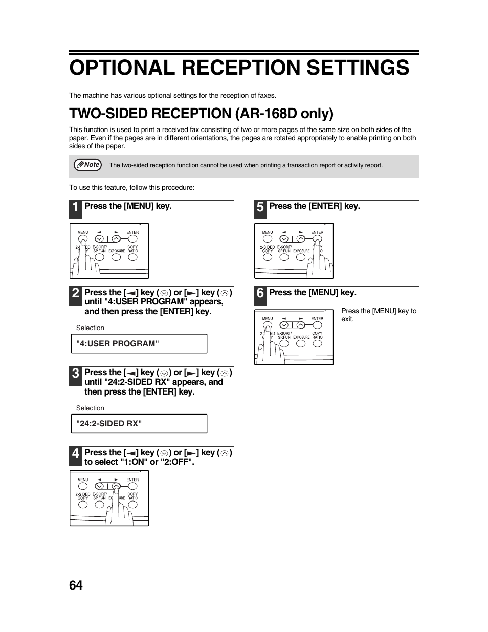 Optional reception settings, Two-sided reception (ar-168d only) | Sharp AR-FX9 User Manual | Page 68 / 104