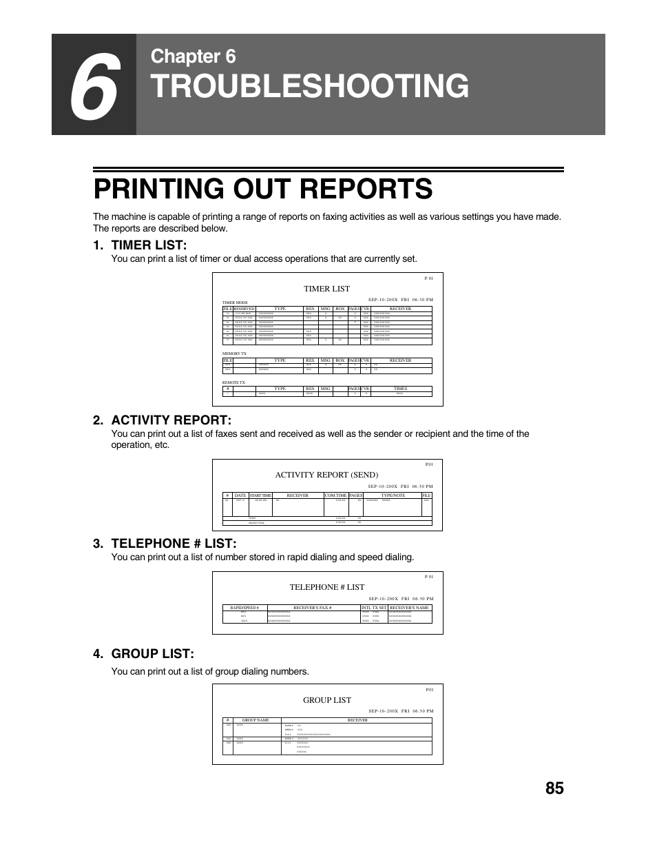 Troubleshooting, Printing out reports, Chapter 6 | Timer list, Activity report, Telephone # list, Group list, You can print out a list of group dialing numbers, Activity report (send) | Sharp AR-FX9 User Manual | Page 89 / 104