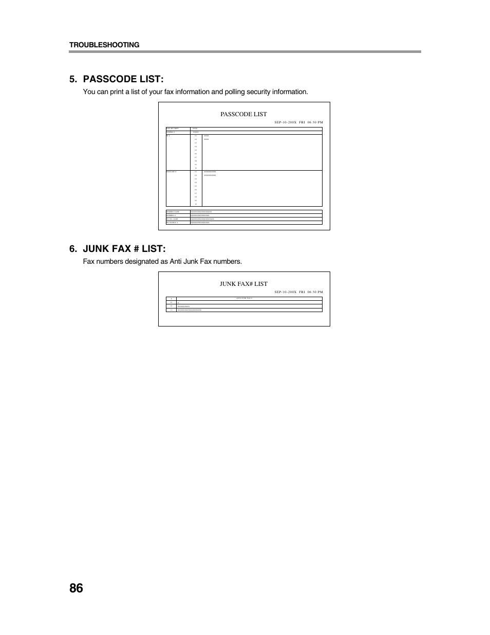 Passcode list, Junk fax # list, Troubleshooting | Fax numbers designated as anti junk fax numbers, Junk fax# list | Sharp AR-FX9 User Manual | Page 90 / 104
