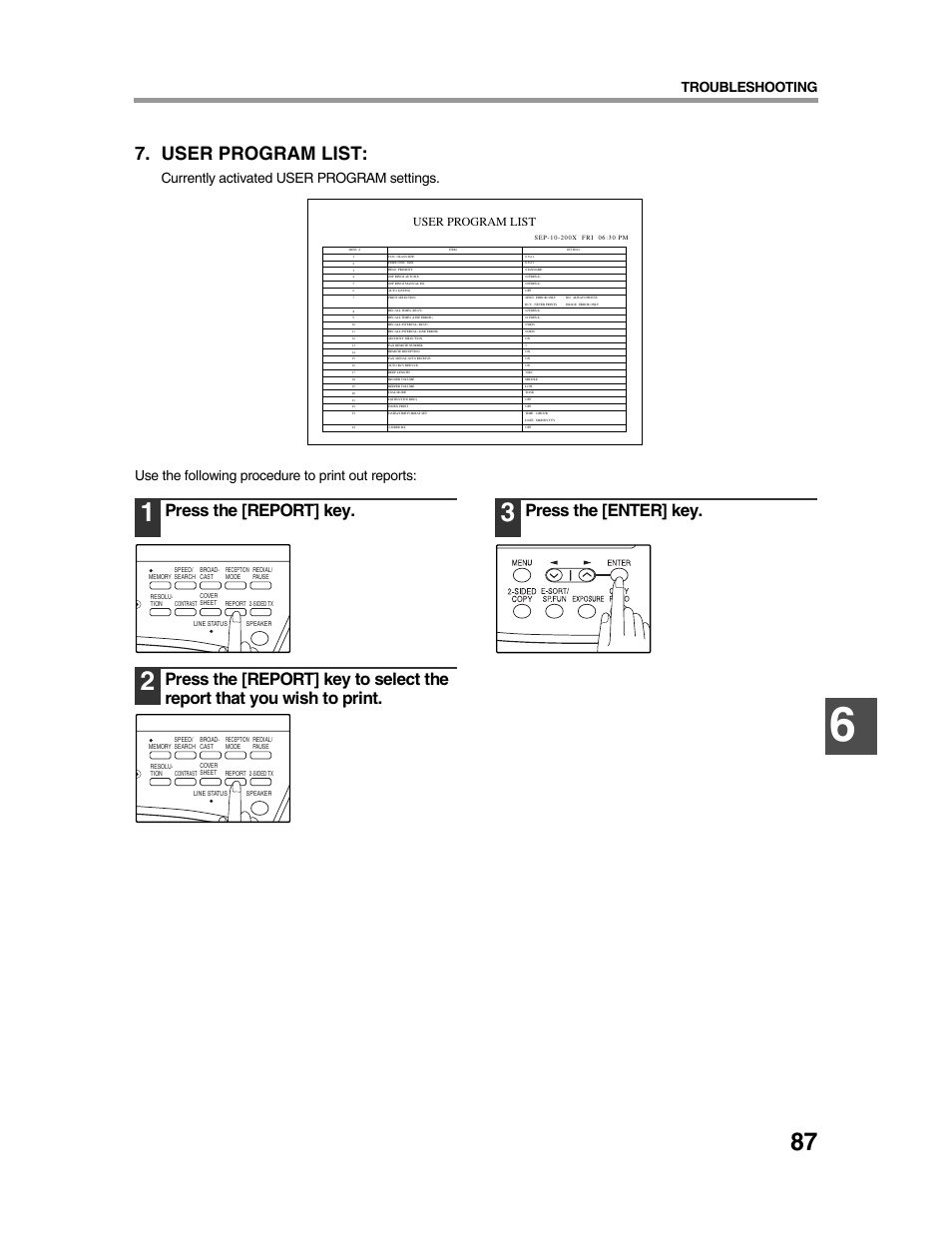 User program list, Press the [report] key, Press the [enter] key | Troubleshooting | Sharp AR-FX9 User Manual | Page 91 / 104