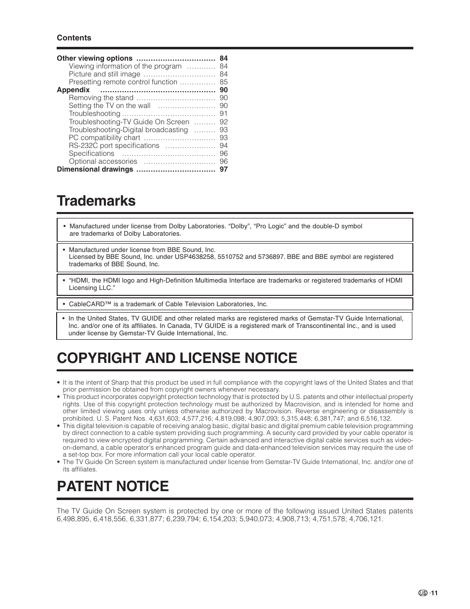 Copyright and license notice, Trademarks, Patent notice | Sharp Aquos LC 26D5U User Manual | Page 12 / 102