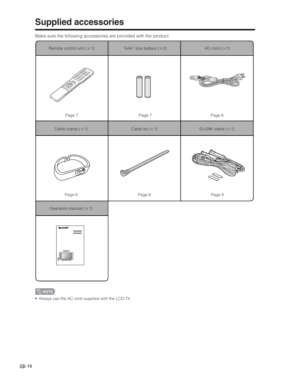 Supplied accessories | Sharp Aquos LC 26D5U User Manual | Page 13 / 102