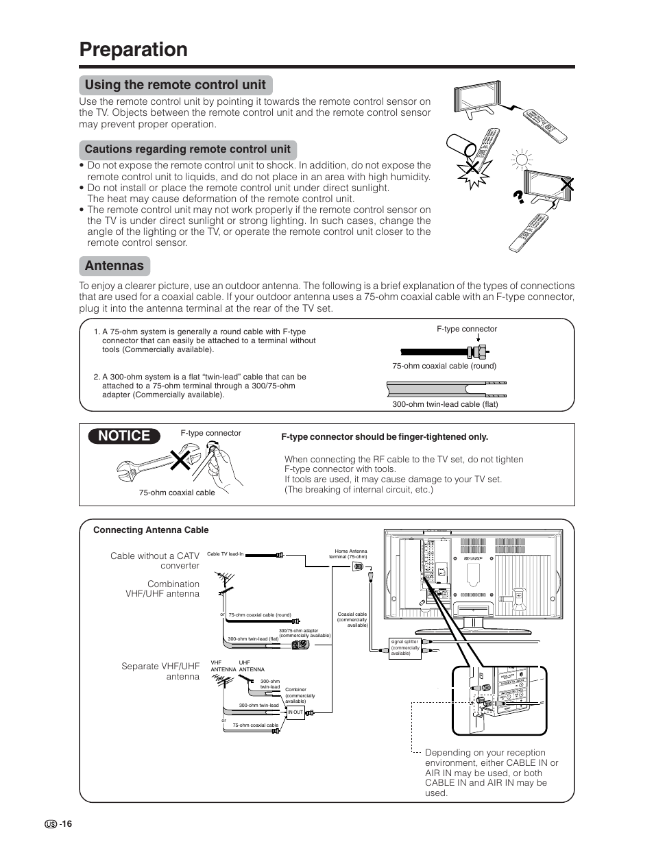 Preparation, Notice, Using the remote control unit | Antennas, Cautions regarding remote control unit | Sharp Aquos LC 26D5U User Manual | Page 17 / 102