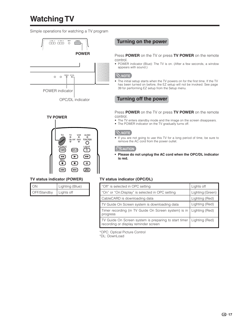 Watching tv, Turning on the power, Turning off the power | Sharp Aquos LC 26D5U User Manual | Page 18 / 102