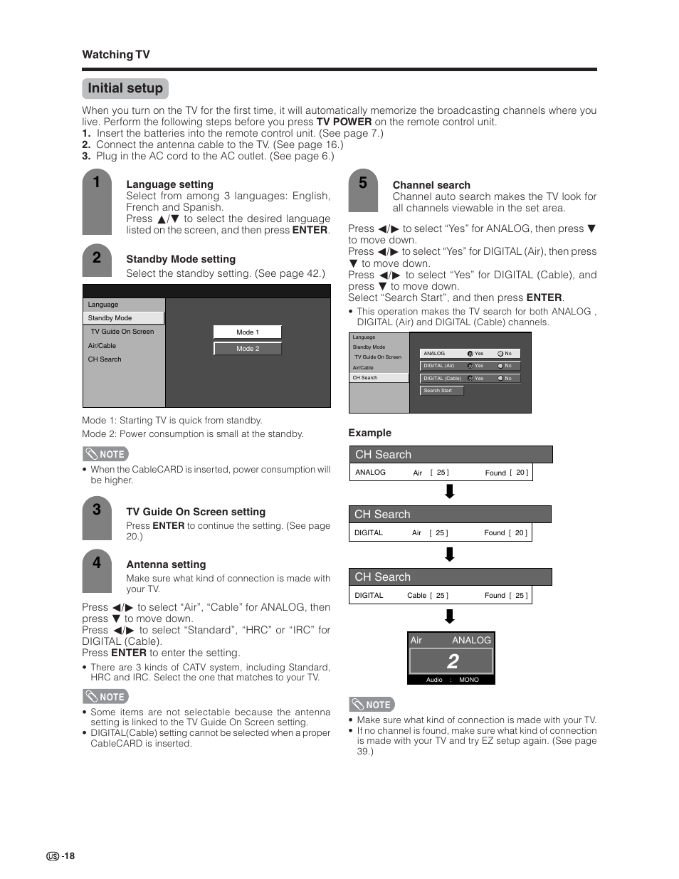 Initial setup, Watching tv, Ch search | Sharp Aquos LC 26D5U User Manual | Page 19 / 102