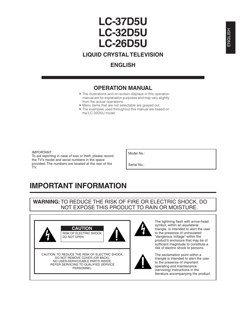 Important information, Liquid crystal television english operation manual | Sharp Aquos LC 26D5U User Manual | Page 2 / 102
