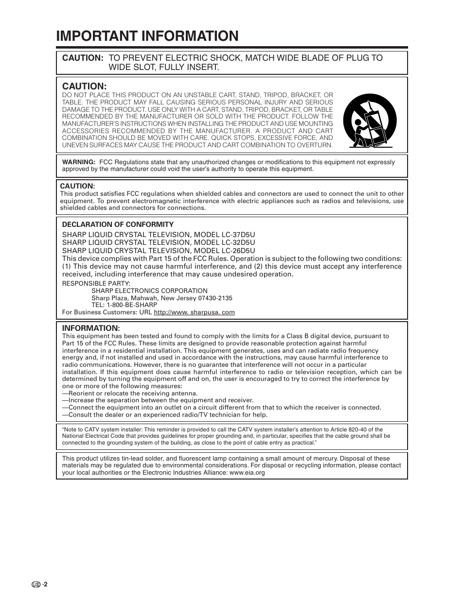 Important information, Caution | Sharp Aquos LC 26D5U User Manual | Page 3 / 102