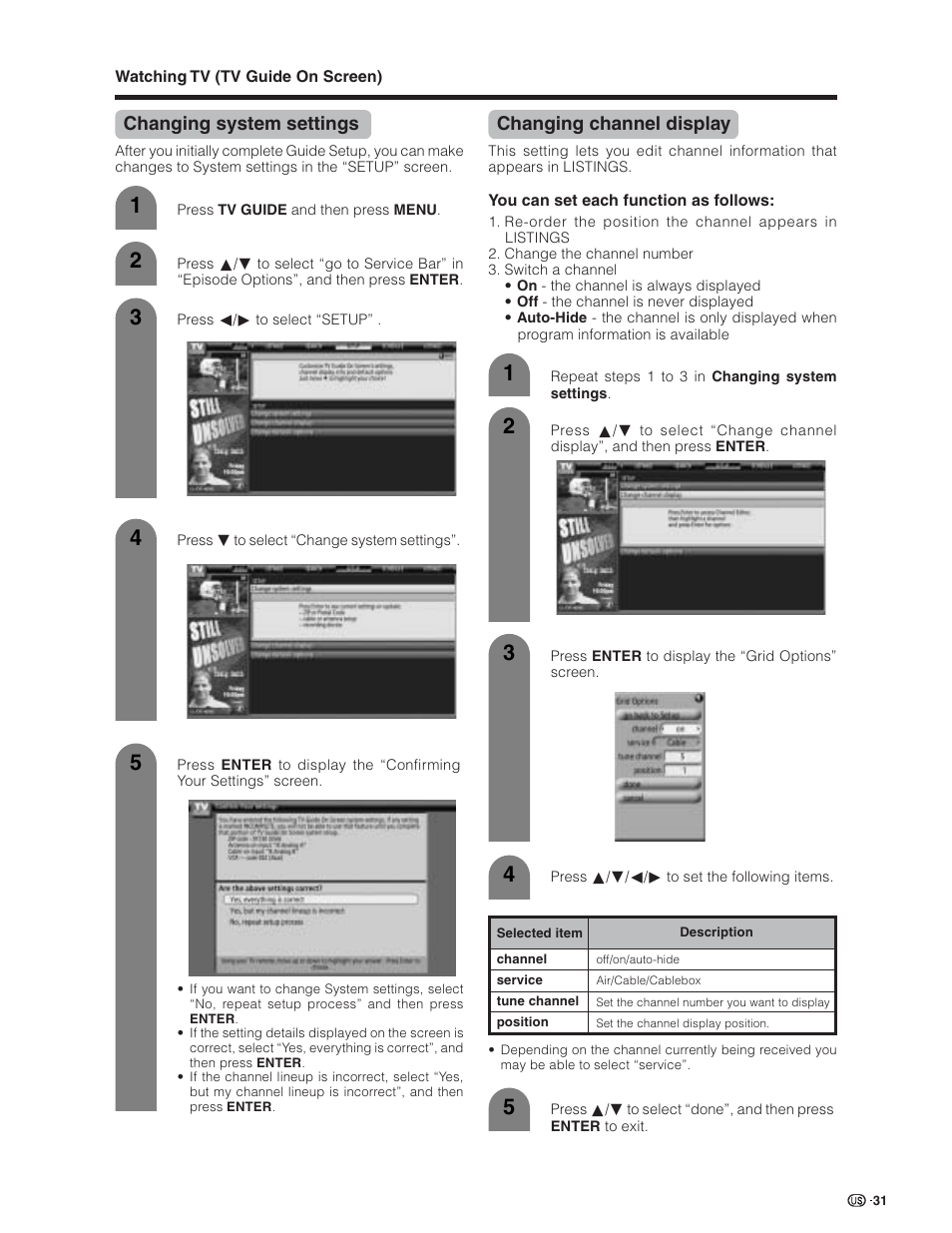 Changing system settings, Changing channel display | Sharp Aquos LC 26D5U User Manual | Page 32 / 102