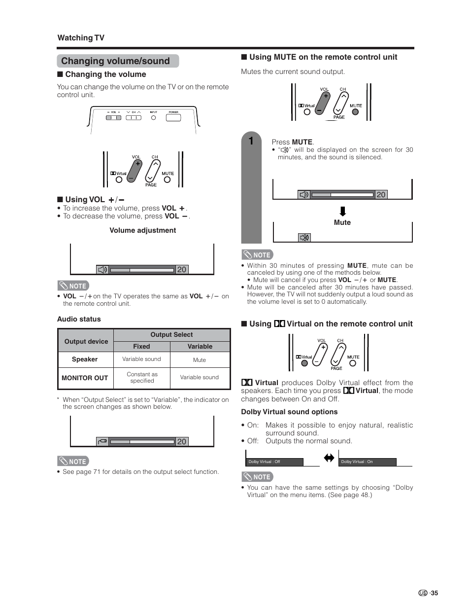 Changing volume/sound | Sharp Aquos LC 26D5U User Manual | Page 36 / 102