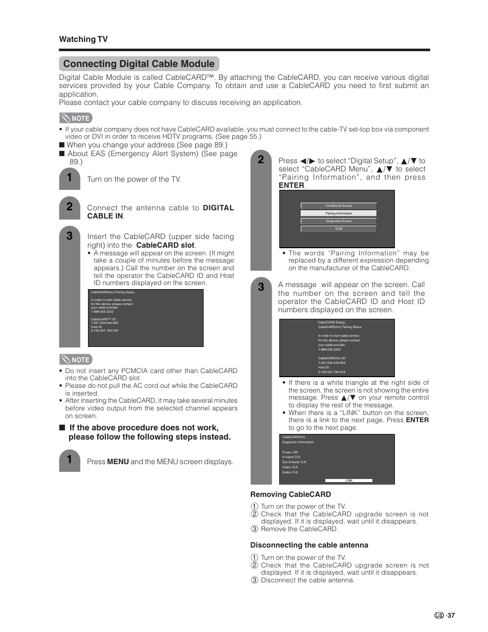 Connecting digital cable module, Watching tv | Sharp Aquos LC 26D5U User Manual | Page 38 / 102