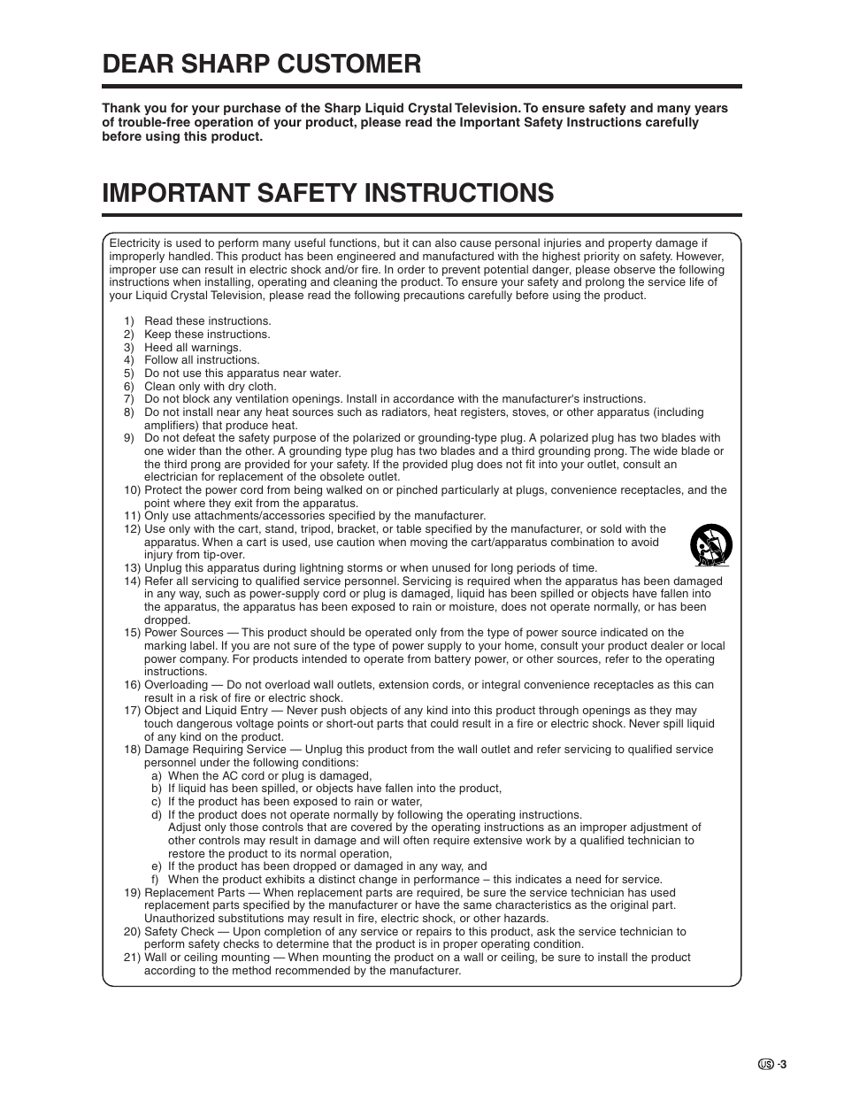 Dear sharp customer, Important safety instructions | Sharp Aquos LC 26D5U User Manual | Page 4 / 102