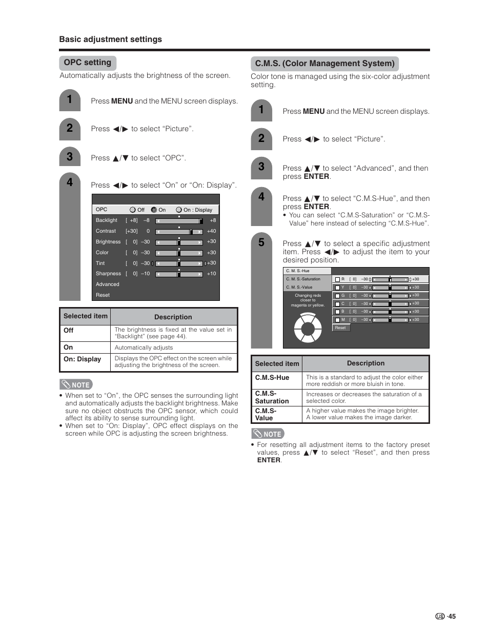 Opc setting, Basic adjustment settings, C.m.s. (color management system) | Sharp Aquos LC 26D5U User Manual | Page 46 / 102