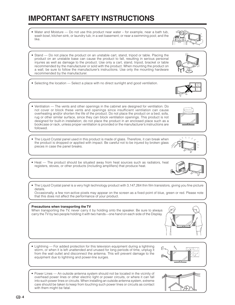 Important safety instructions | Sharp Aquos LC 26D5U User Manual | Page 5 / 102