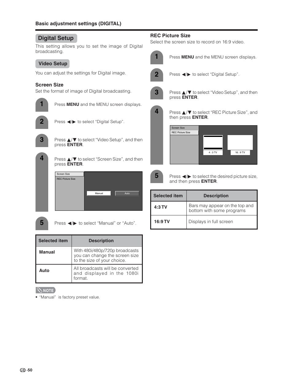 Digital setup | Sharp Aquos LC 26D5U User Manual | Page 51 / 102