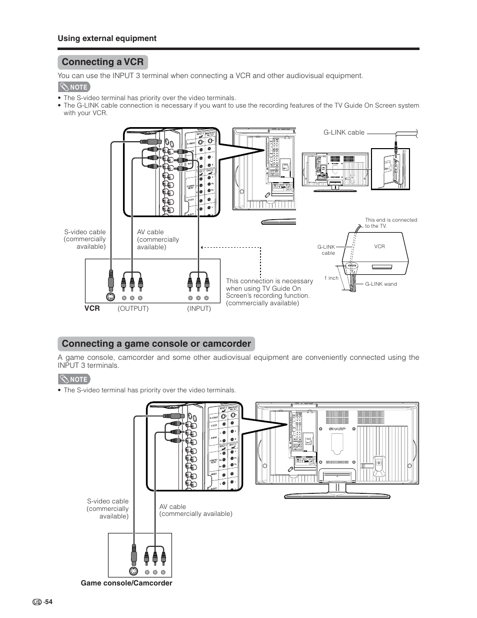 Connecting a vcr, Connecting a game console or camcorder | Sharp Aquos LC 26D5U User Manual | Page 55 / 102