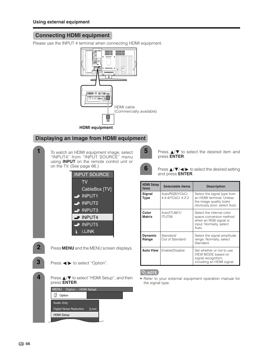 Connecting hdmi equipment, Displaying an image from hdmi equipment | Sharp Aquos LC 26D5U User Manual | Page 57 / 102