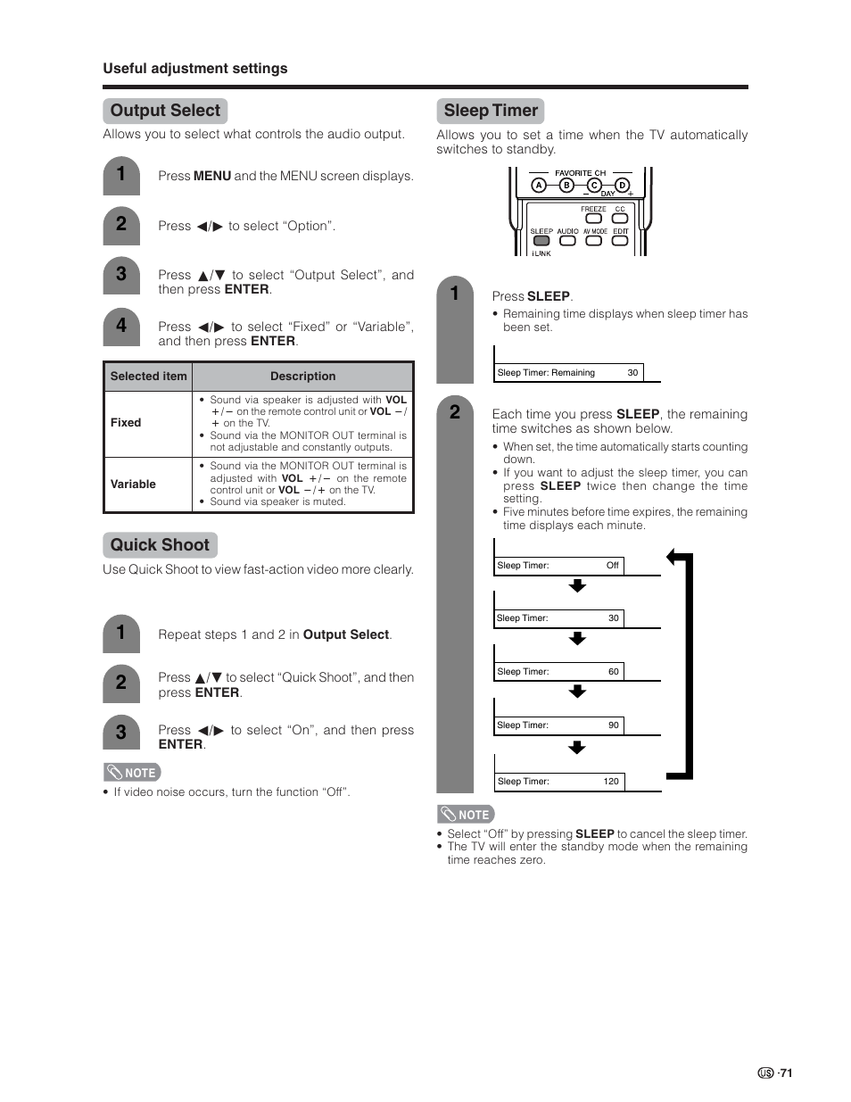 Output select, Quick shoot, Sleep timer | Sharp Aquos LC 26D5U User Manual | Page 72 / 102