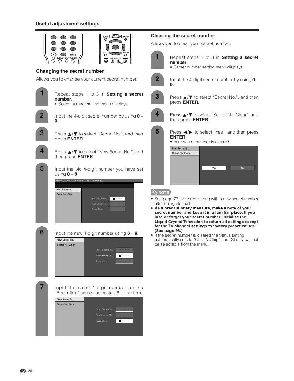 Clearing the secret number | Sharp Aquos LC 26D5U User Manual | Page 79 / 102