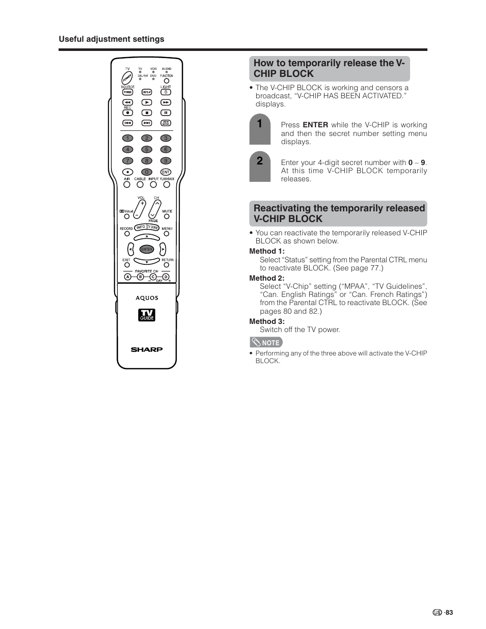 How to temporarily release the v- chip block, Reactivating the temporarily released v-chip block | Sharp Aquos LC 26D5U User Manual | Page 84 / 102