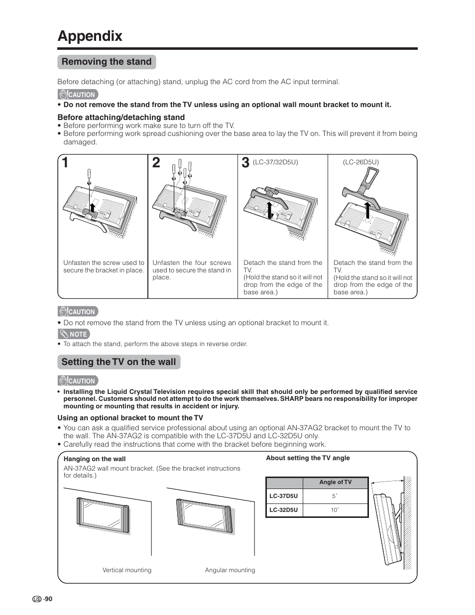 Appendix, Removing the stand, Setting the tv on the wall | Sharp Aquos LC 26D5U User Manual | Page 91 / 102