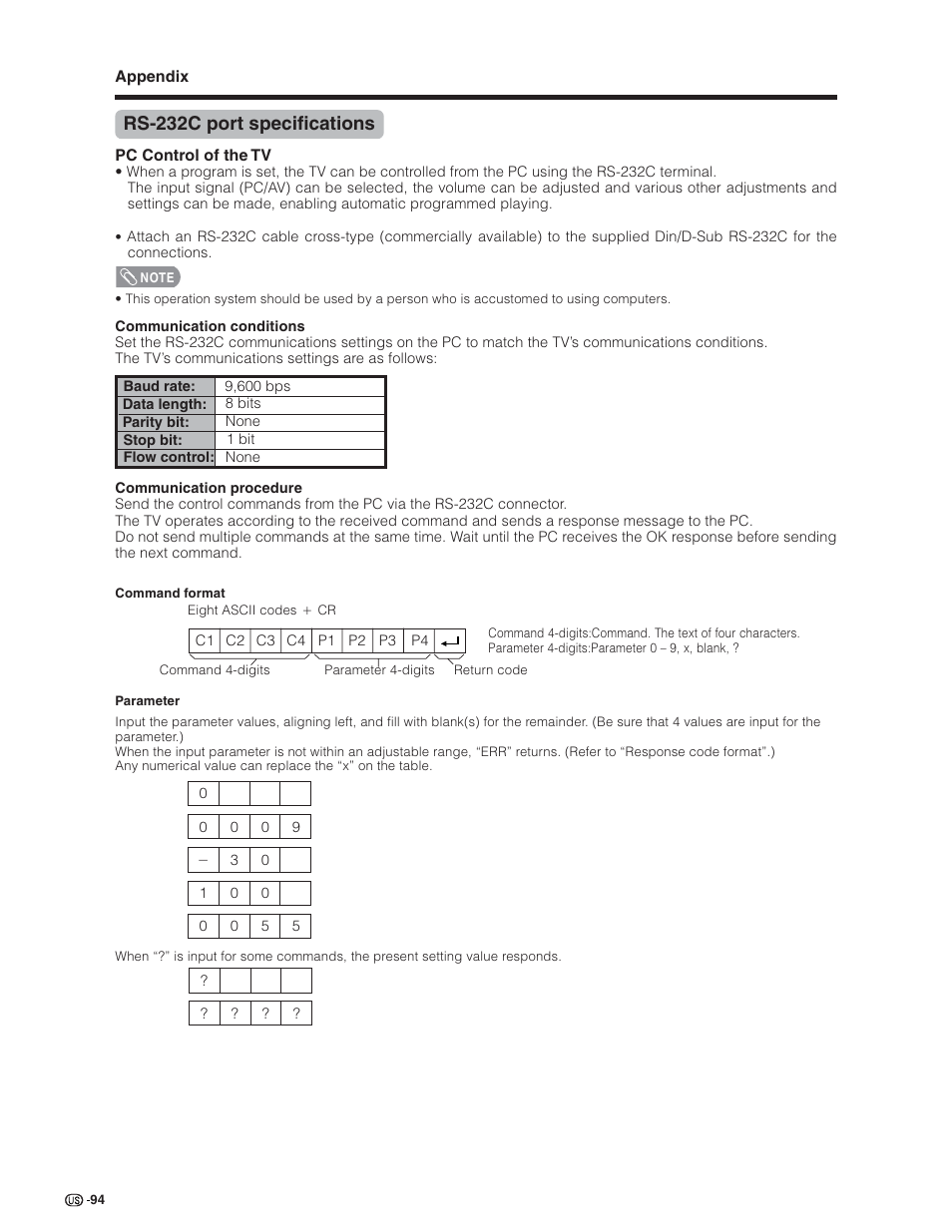 Rs-232c port specifications | Sharp Aquos LC 26D5U User Manual | Page 95 / 102