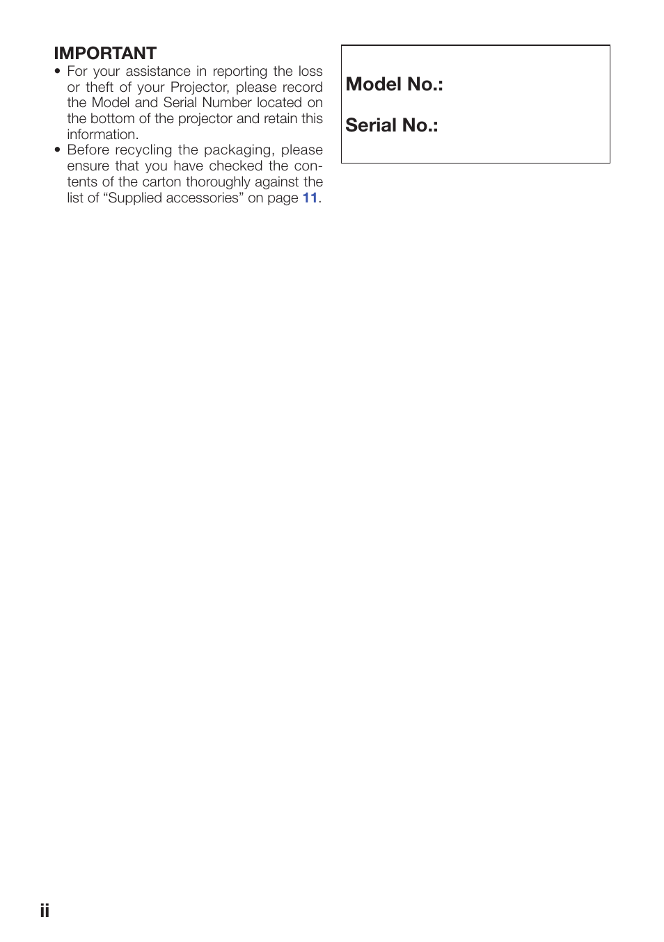 Model no.: serial no | Sharp PG-D3510X User Manual | Page 2 / 75