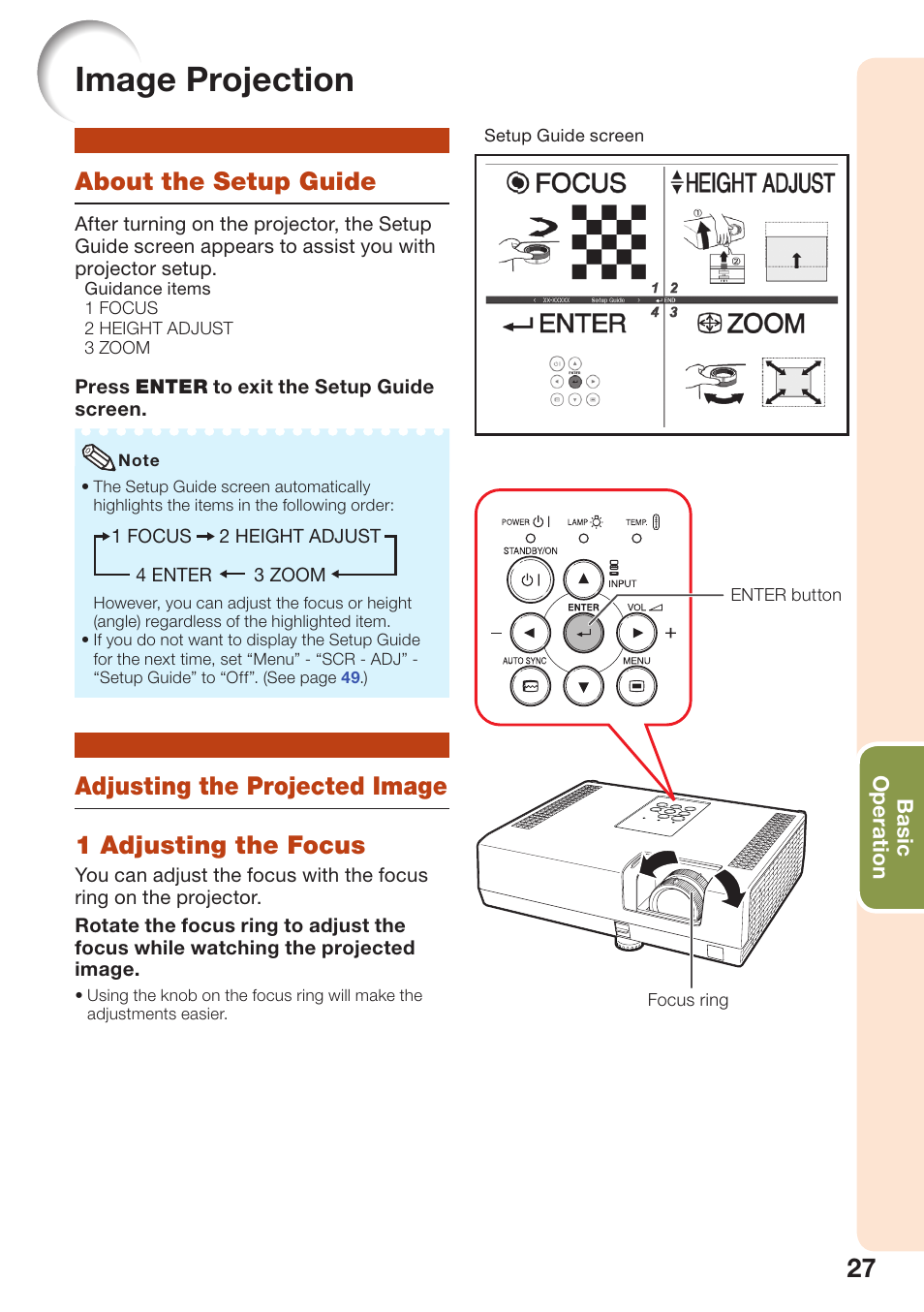 Image projection, About the setup guide, Adjusting the projected image | Sharp PG-D3510X User Manual | Page 31 / 75