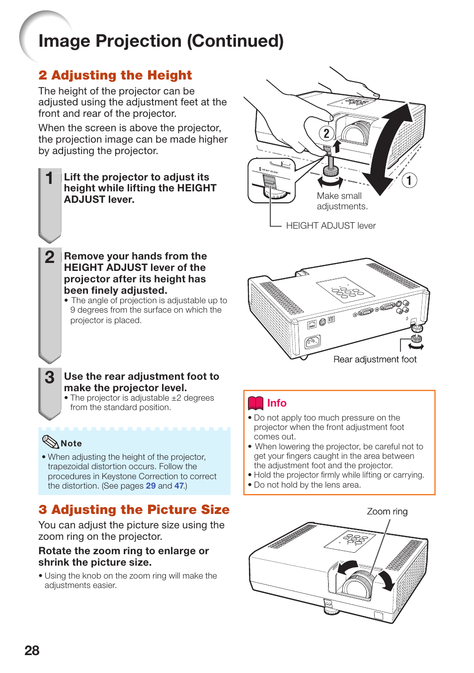 Image projection (continued), 2 adjusting the height, 3 adjusting the picture size | Sharp PG-D3510X User Manual | Page 32 / 75