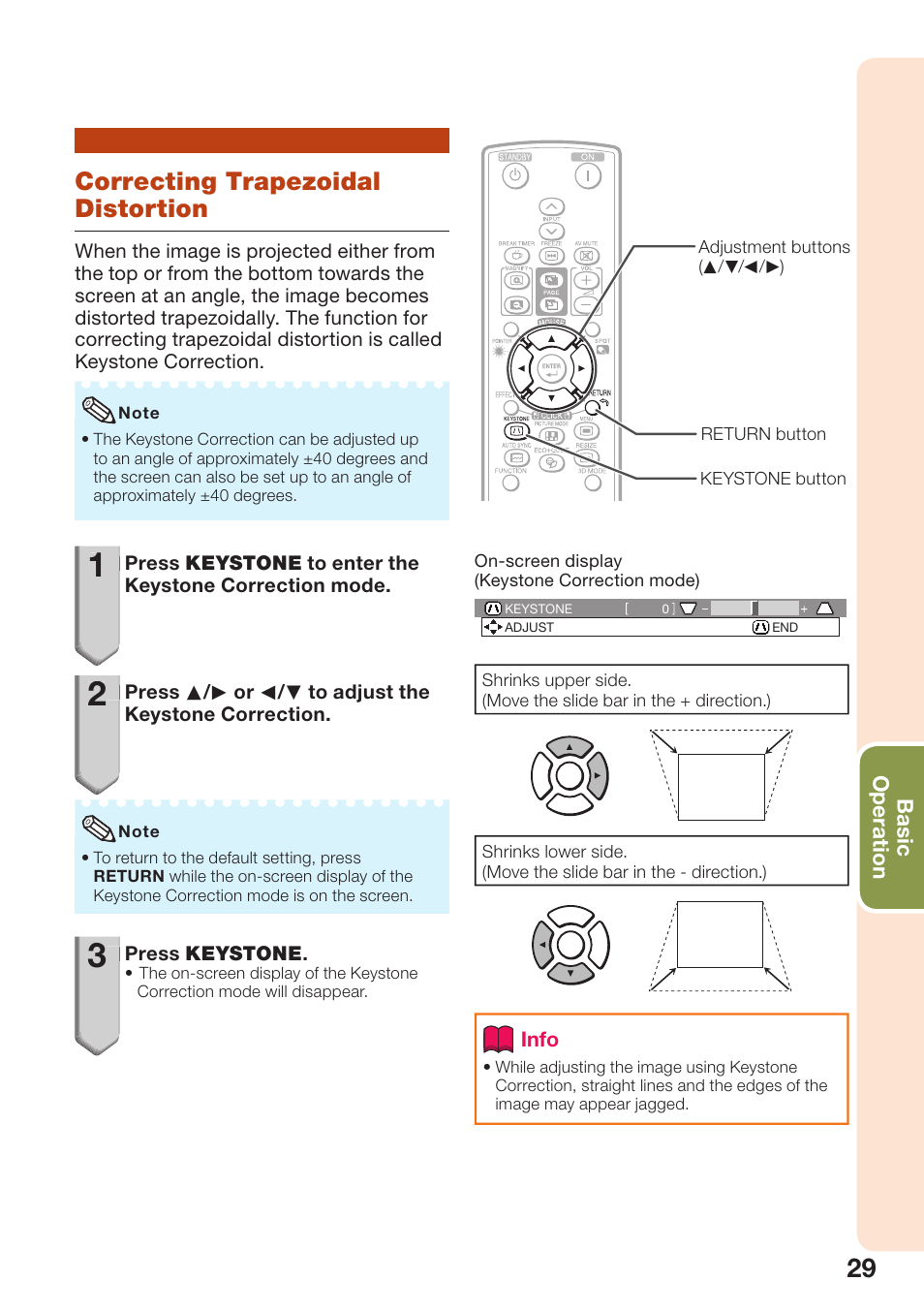 Correcting trapezoidal distortion | Sharp PG-D3510X User Manual | Page 33 / 75