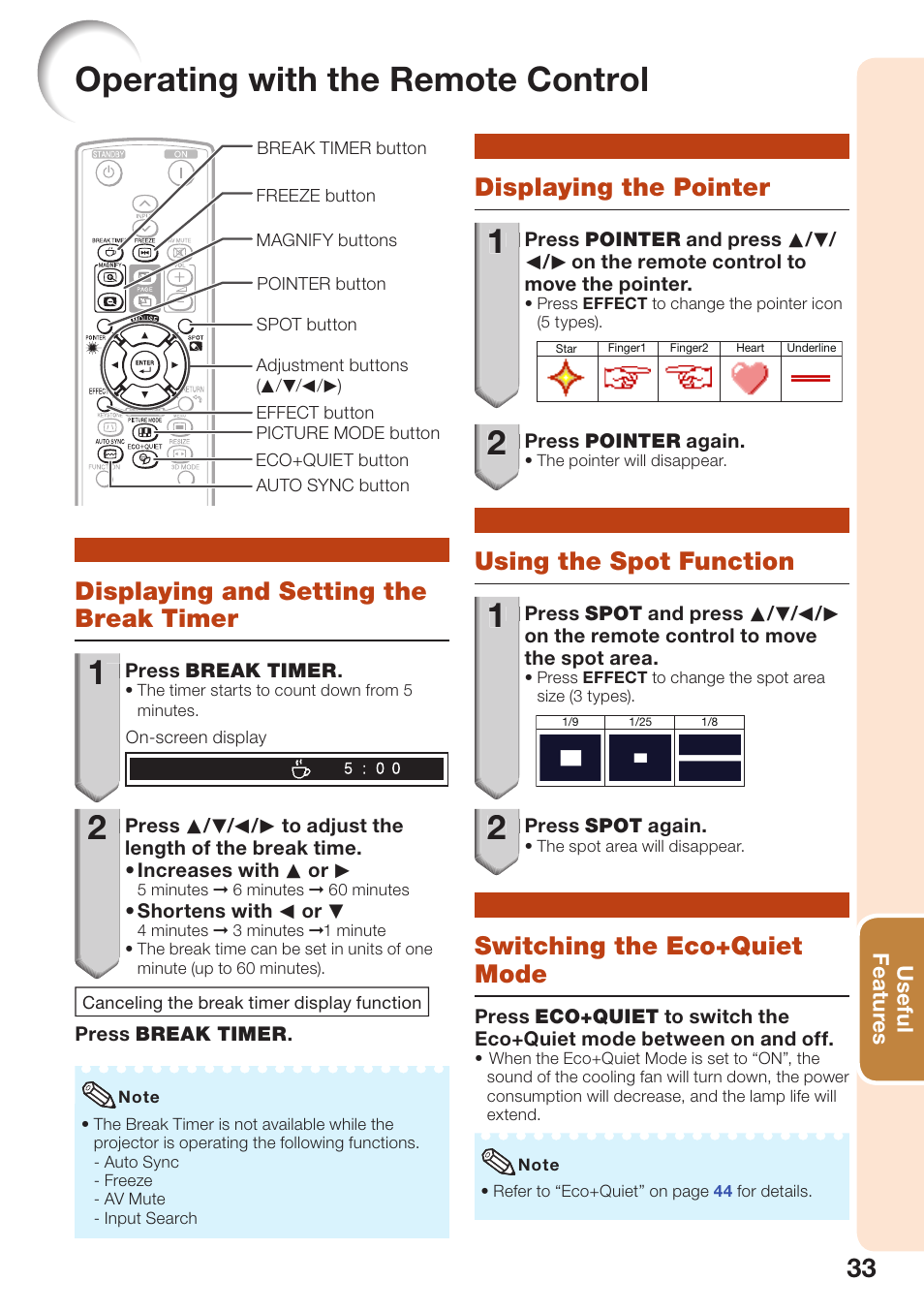 Useful features, Operating with the remote control, Displaying and setting the break timer | Displaying the pointer, Using the spot function, Switching the eco+quiet mode, Useful, Featur, Displaying and setting the, Break timer | Sharp PG-D3510X User Manual | Page 37 / 75