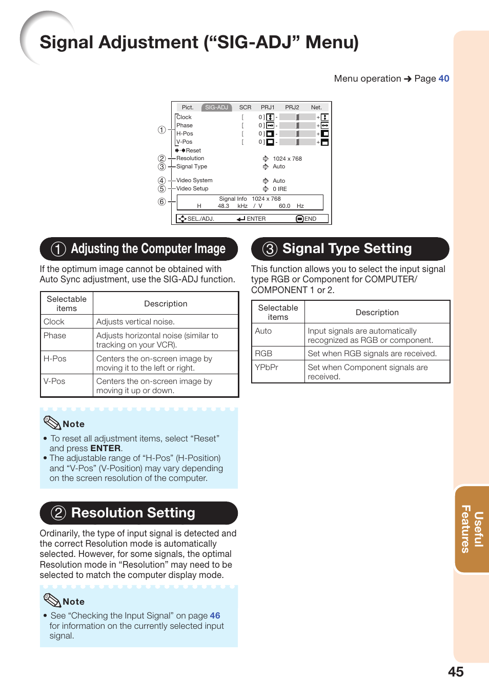 Signal adjustment (“sig-adj” menu), Adjusting the computer image, Resolution setting | Signal type setting, 1 adjusting the computer image, 2 resolution setting, 3 signal type setting, Useful featur es | Sharp PG-D3510X User Manual | Page 49 / 75