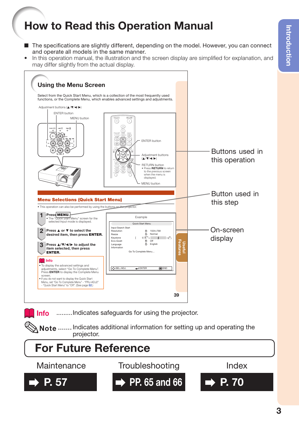 How to read this operation manual, For future reference, P. 57 | Pp . 65 and 66, P. 70, Maintenance, Troubleshooting, Index, Info, Intr oduction | Sharp PG-D3510X User Manual | Page 7 / 75