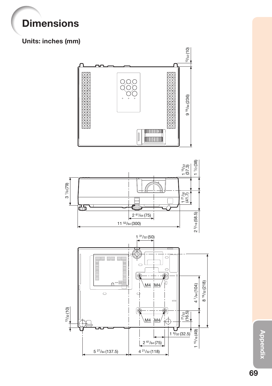 Dimensions, Appendix, Units: inches (mm) | Sharp PG-D3510X User Manual | Page 73 / 75