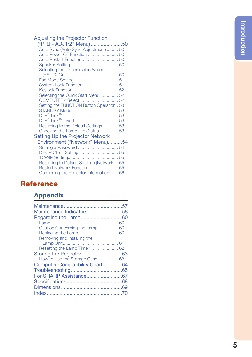 Reference, Appendix, Intr oduction | Sharp PG-D3510X User Manual | Page 9 / 75