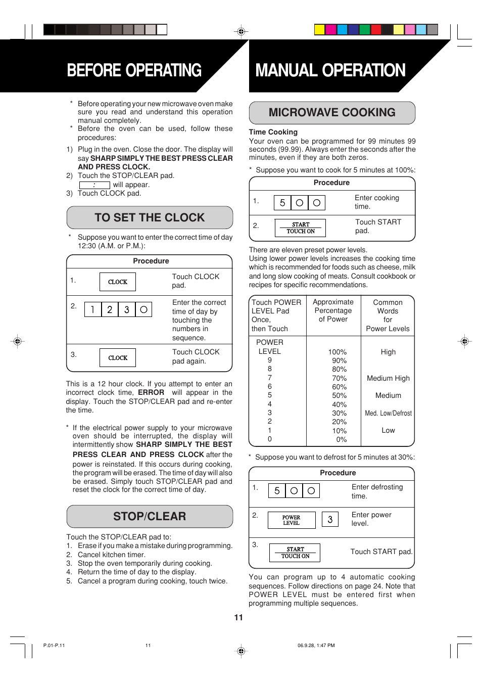 Manual operation, Before operating, Stop/clear | Microwave cooking | Sharp R-930AK User Manual | Page 13 / 32