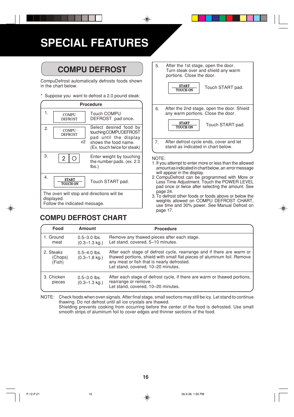 Special features, Compu defrost, Compu defrost chart | Sharp R-930AK User Manual | Page 18 / 32