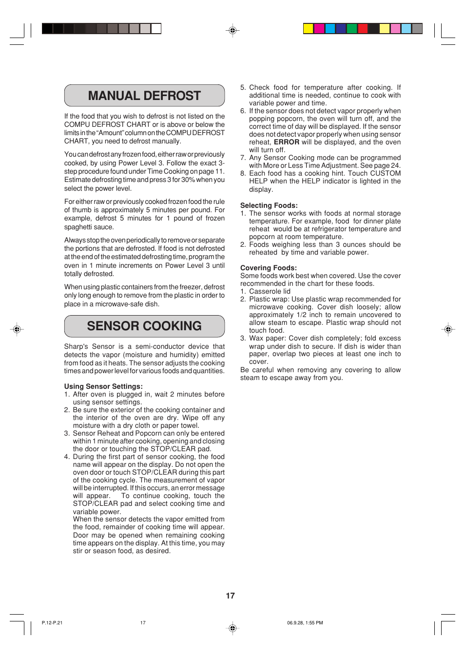 Sensor cooking manual defrost | Sharp R-930AK User Manual | Page 19 / 32