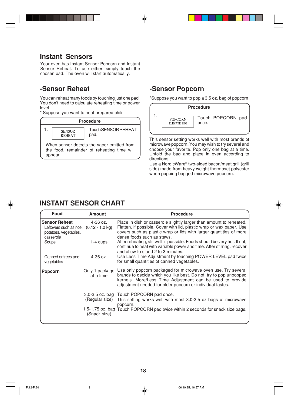 Sensor popcorn, Instant sensors, Instant sensor chart | Sensor reheat | Sharp R-930AK User Manual | Page 20 / 32