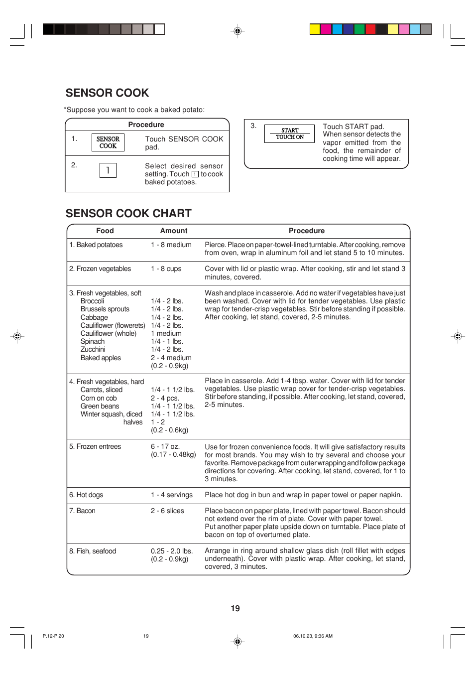 Sensor cook, Sensor cook chart | Sharp R-930AK User Manual | Page 21 / 32