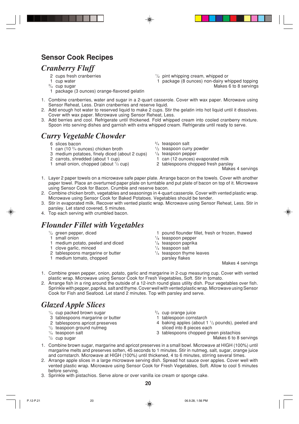 Cranberry fluff, Curry vegetable chowder, Flounder fillet with vegetables | Glazed apple slices, Sensor cook recipes | Sharp R-930AK User Manual | Page 22 / 32