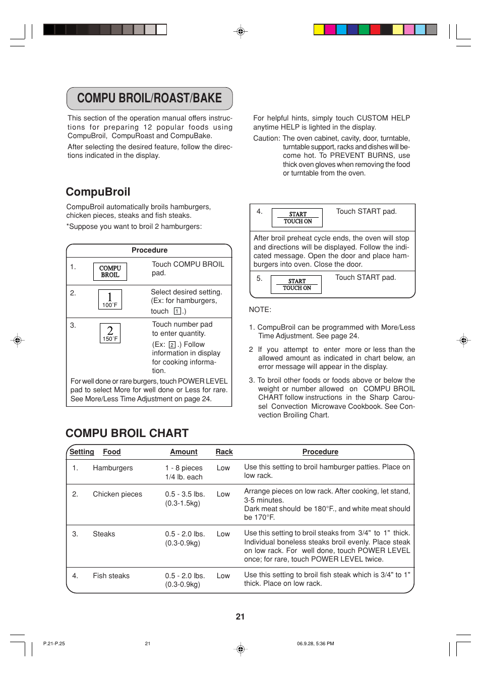 Compu broil/roast/bake, Compu broil chart, Compubroil | Sharp R-930AK User Manual | Page 23 / 32