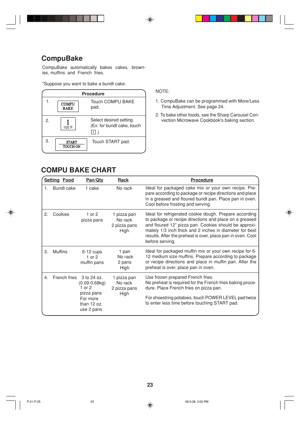 Compubake, Compu bake chart | Sharp R-930AK User Manual | Page 25 / 32