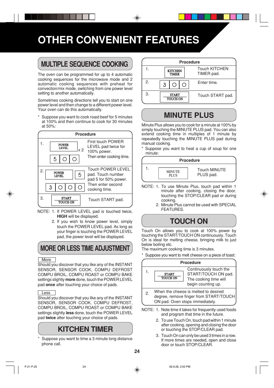 Other convenient features, More or less time adjustment, Kitchen timer | Minute plus, Touch on, Multiple sequence cooking | Sharp R-930AK User Manual | Page 26 / 32