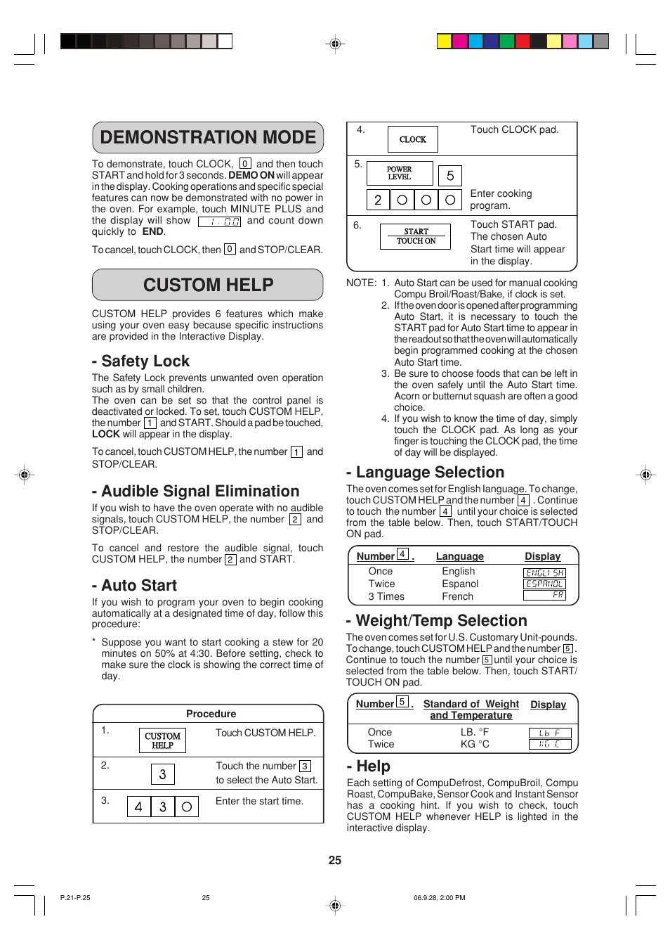 Demonstration mode custom help, Safety lock, Audible signal elimination | Auto start, Language selection, Weight/temp selection, Help | Sharp R-930AK User Manual | Page 27 / 32