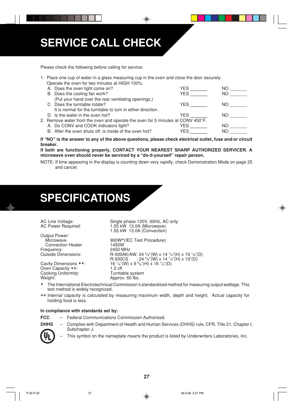 Service call check, Specifications | Sharp R-930AK User Manual | Page 29 / 32