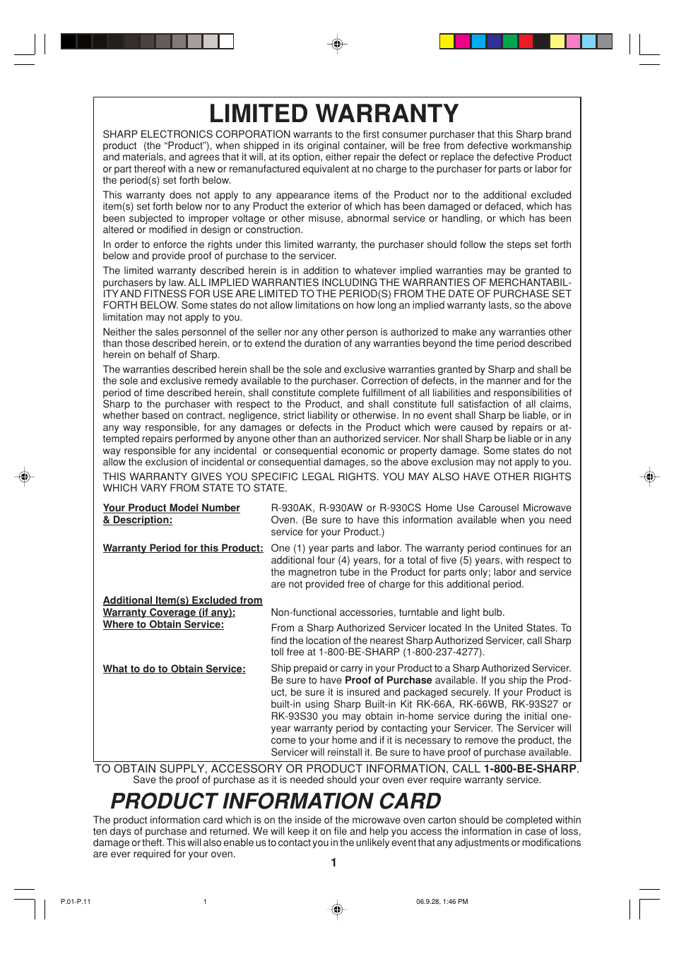 Limited warranty, Product information card | Sharp R-930AK User Manual | Page 3 / 32